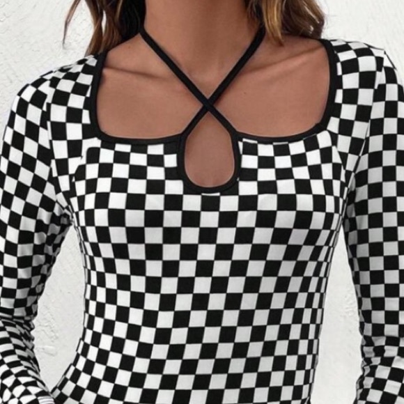 Cropped black white checkered top long sleeve tie neck womens long sleeve top - Picture 1 of 5